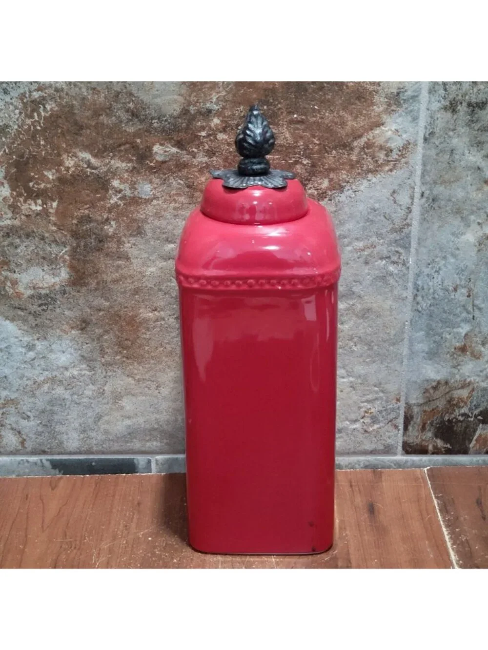 Red Ceramic Kitchen Canister Metal Lily Floral Finial 121/2 Inch Tall